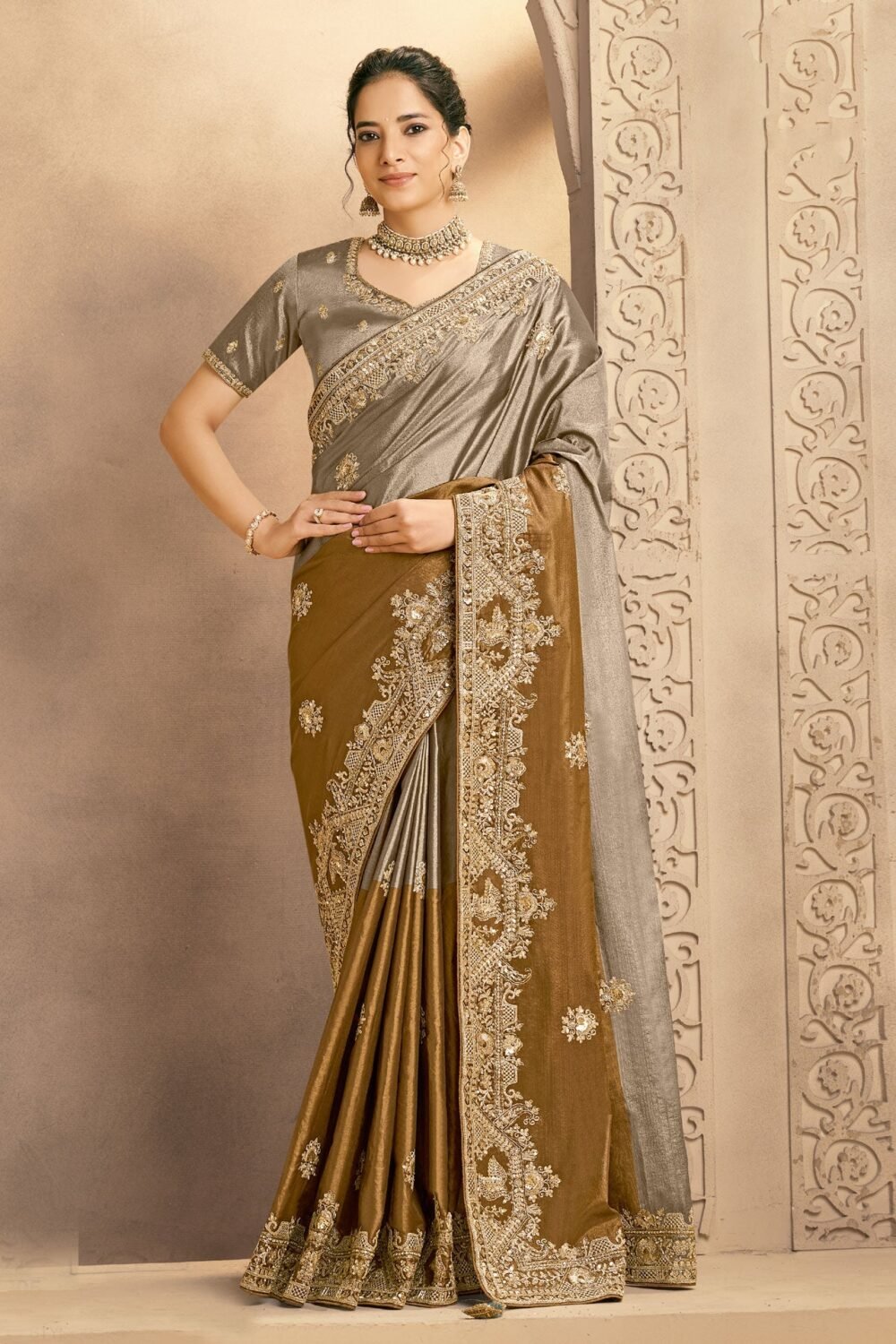 Metalic Gold Saree In Metalic Zari Kora Silk For Women With Silver Blouse