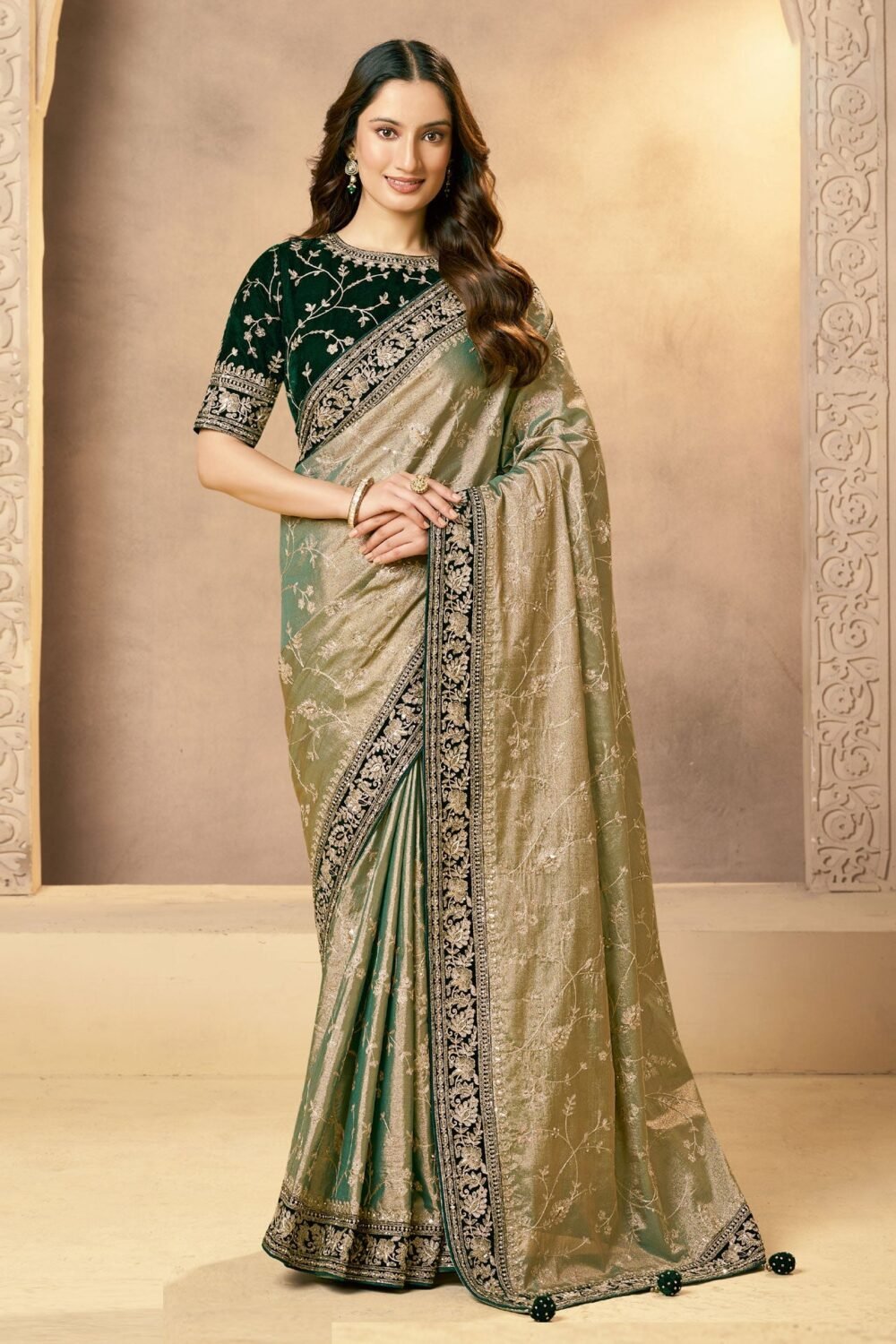 Green Saree In Tissue Kora Silk For Women With Velvet Blouse