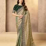 Green Saree In Tissue Kora Silk For Women With Velvet Blouse