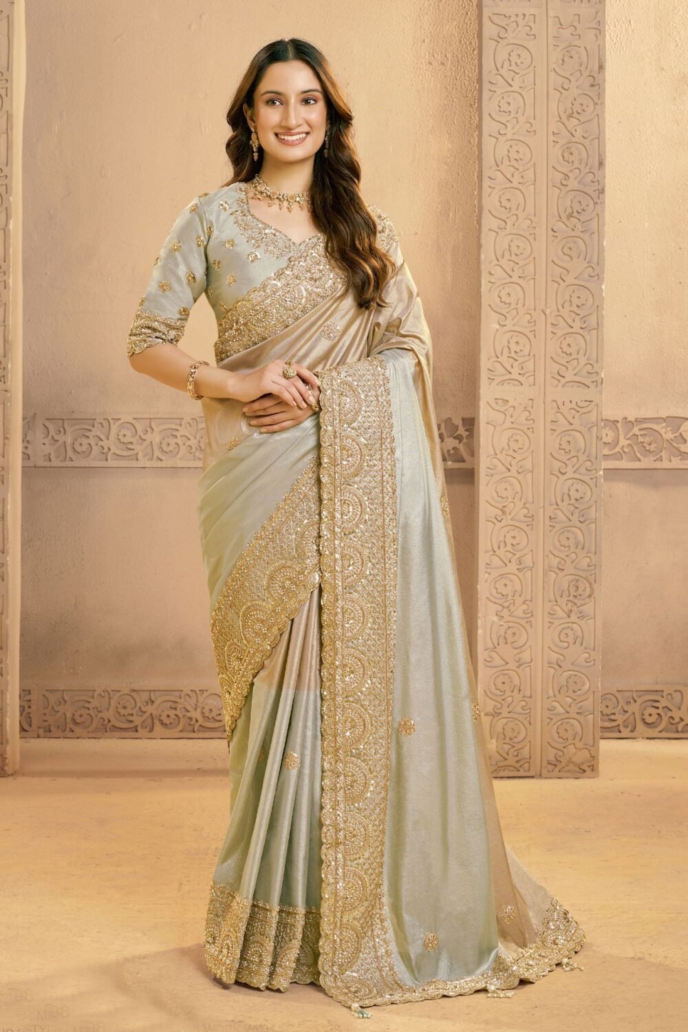 Metalic Silver Saree In Metalic Zari Kora Silk For Women With Silver Blouse