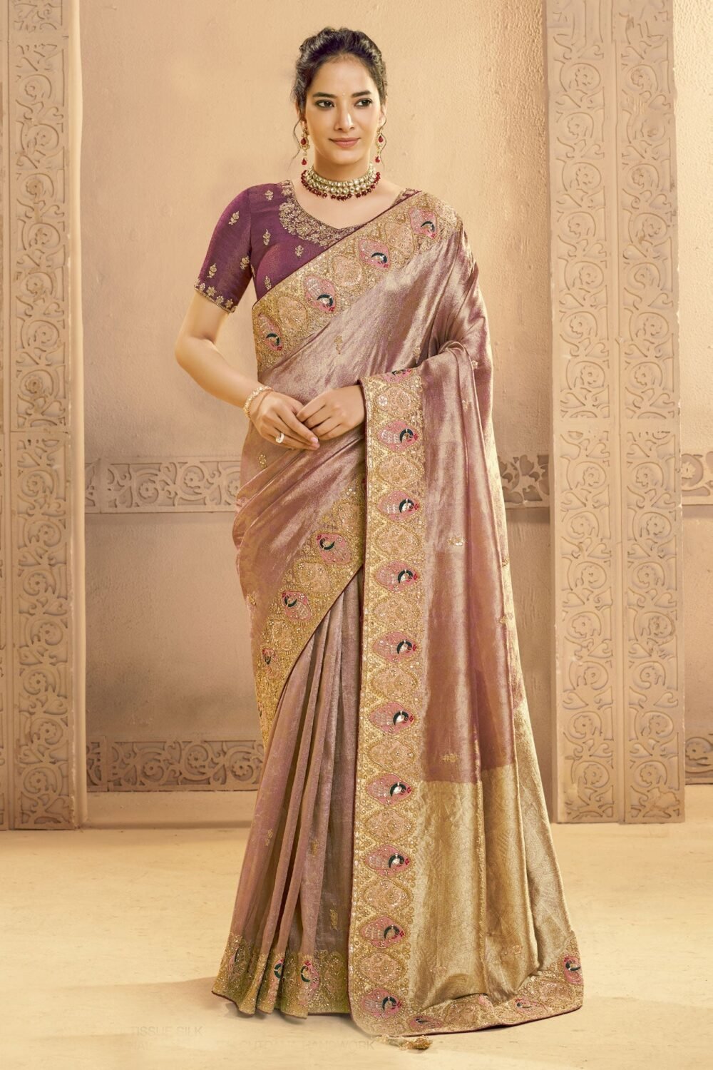Golden Wine Saree In Metalic Zari Tissue Silk For Women With Wine Blouse