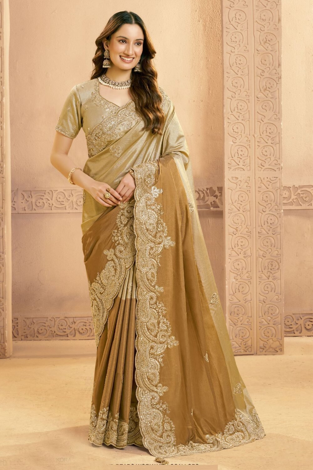 Metalic Golden Saree In Zari Kora Silk For Women With Golden Blouse