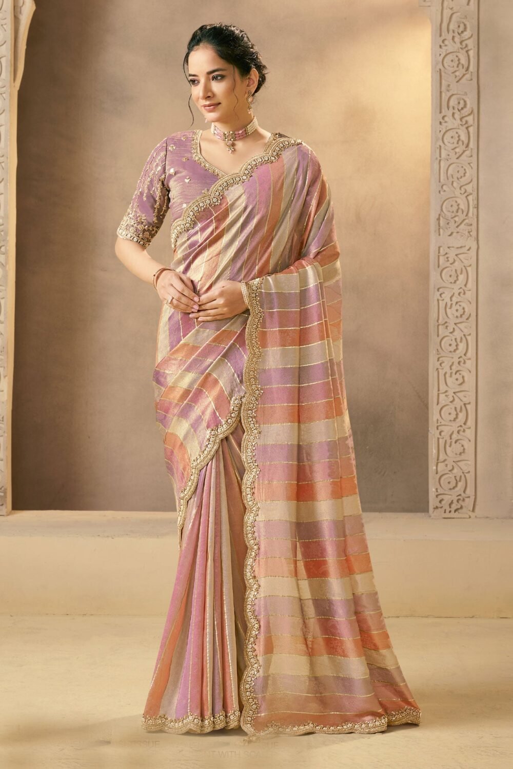 Pink Saree In Handwoven Banarasi Tissue For Women With Light Purple Blouse