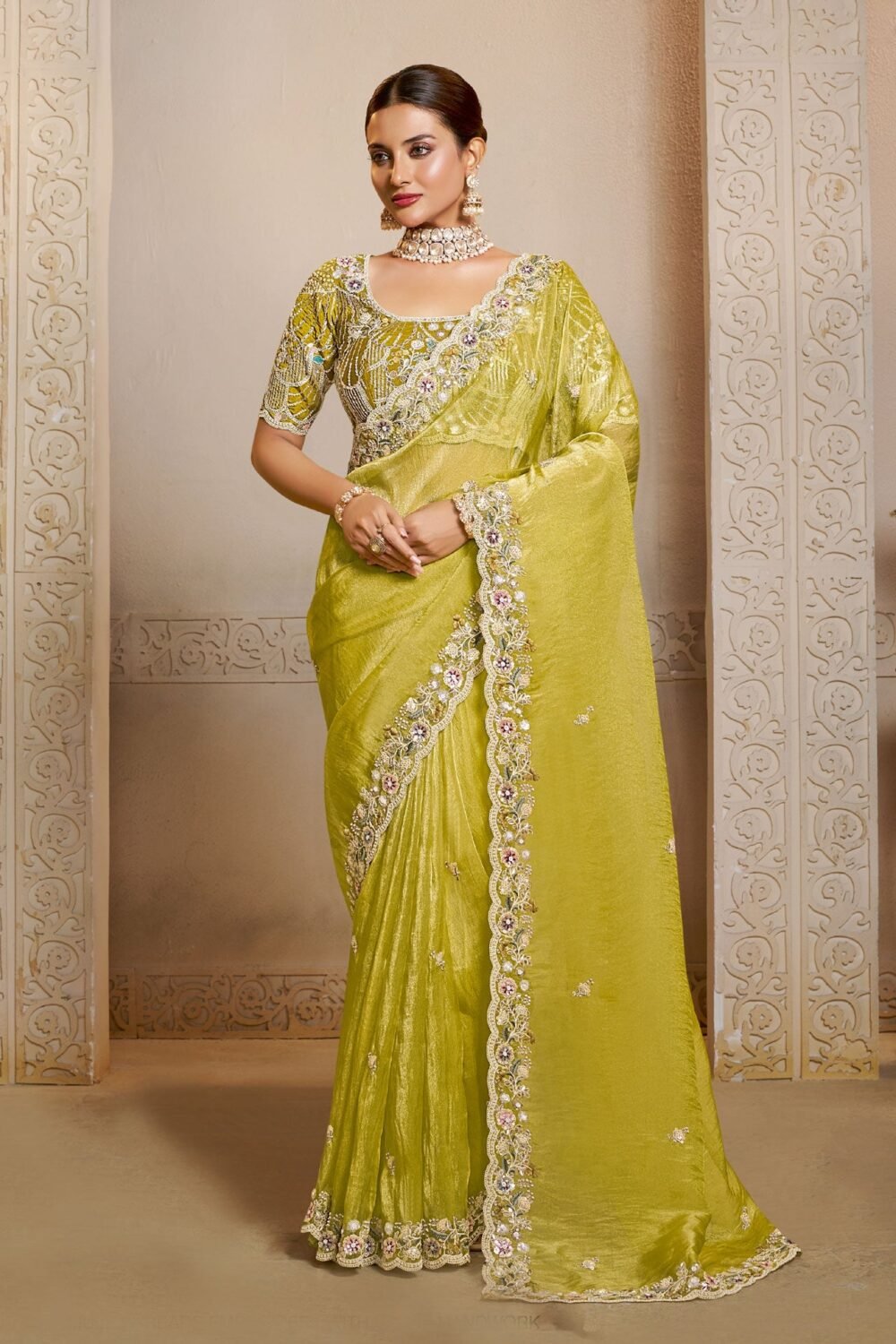 Yellow Organza Satin Silk Embroidery Work Women Saree With Yellow Satin Silk Embroidered Blouse
