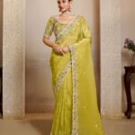 Yellow Organza Satin Silk Embroidery Work Women Saree With Yellow Satin Silk Embroidered Blouse