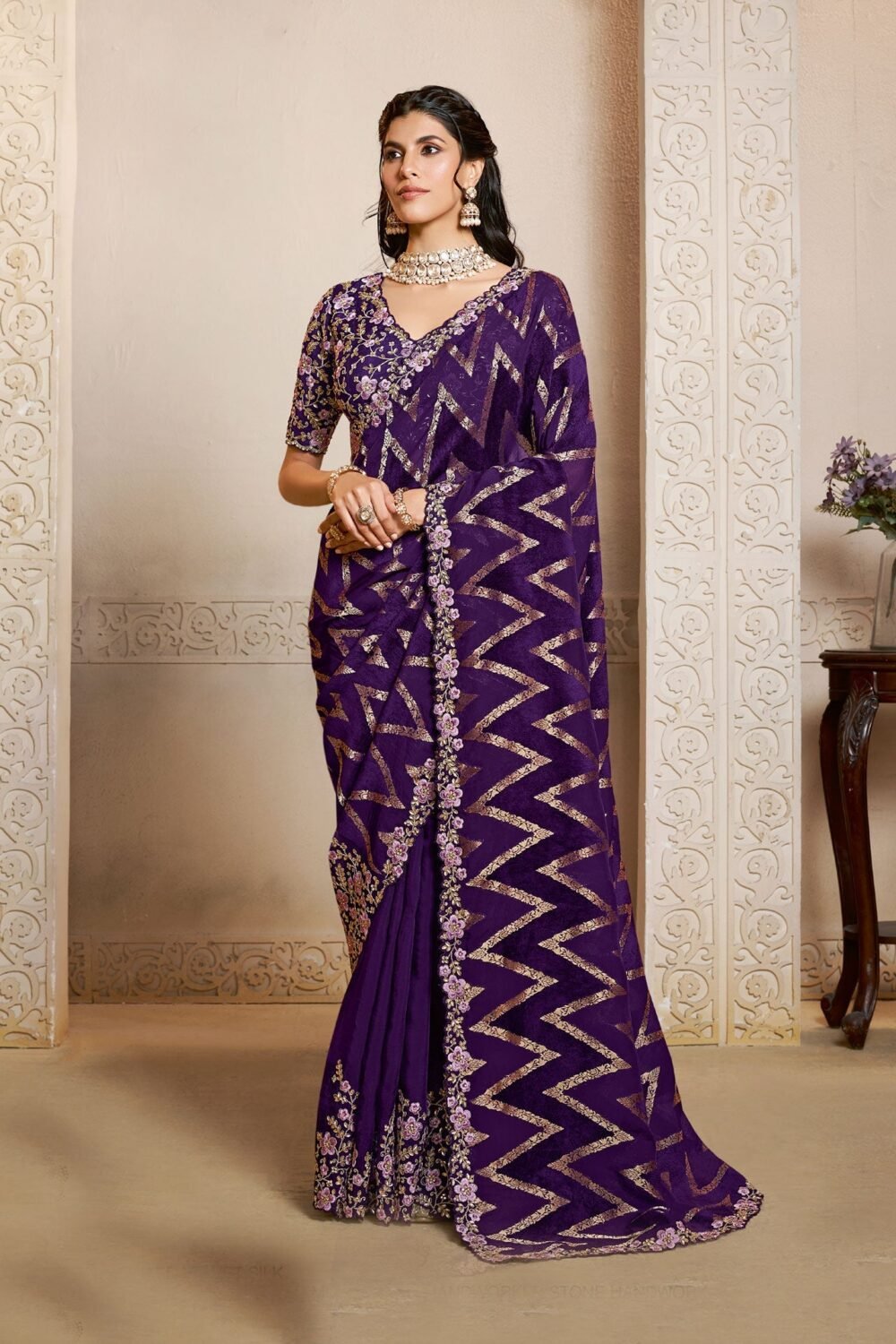 Purple Pure Jacquard Velvet Silk Embroidery Work Women Saree With Purple Satin Silk Embroidered Blouse