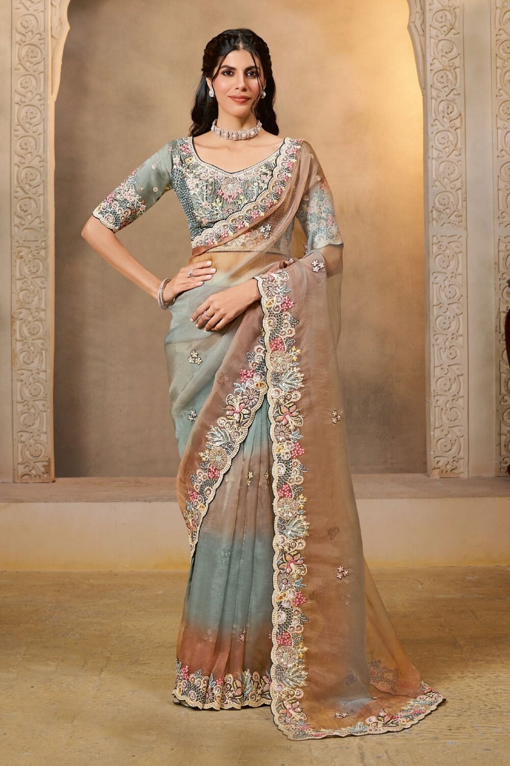 Shaded Grey Organza Satin Silk Embroidery Work Women Saree With Shaded Grey Satin Silk Embroidered Blouse