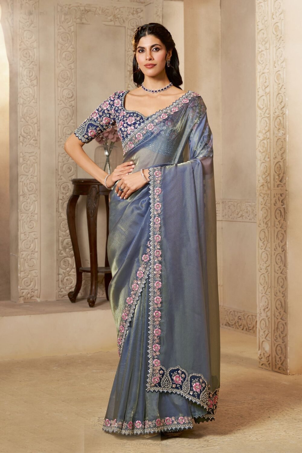 Grey Organza Satin Silk Embroidery Work Women Saree With Blue Satin Silk Embroidered Blouse