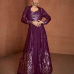 Wine Georgette Women Readymade Mirror Work Crop Top Palazzo With Jacket