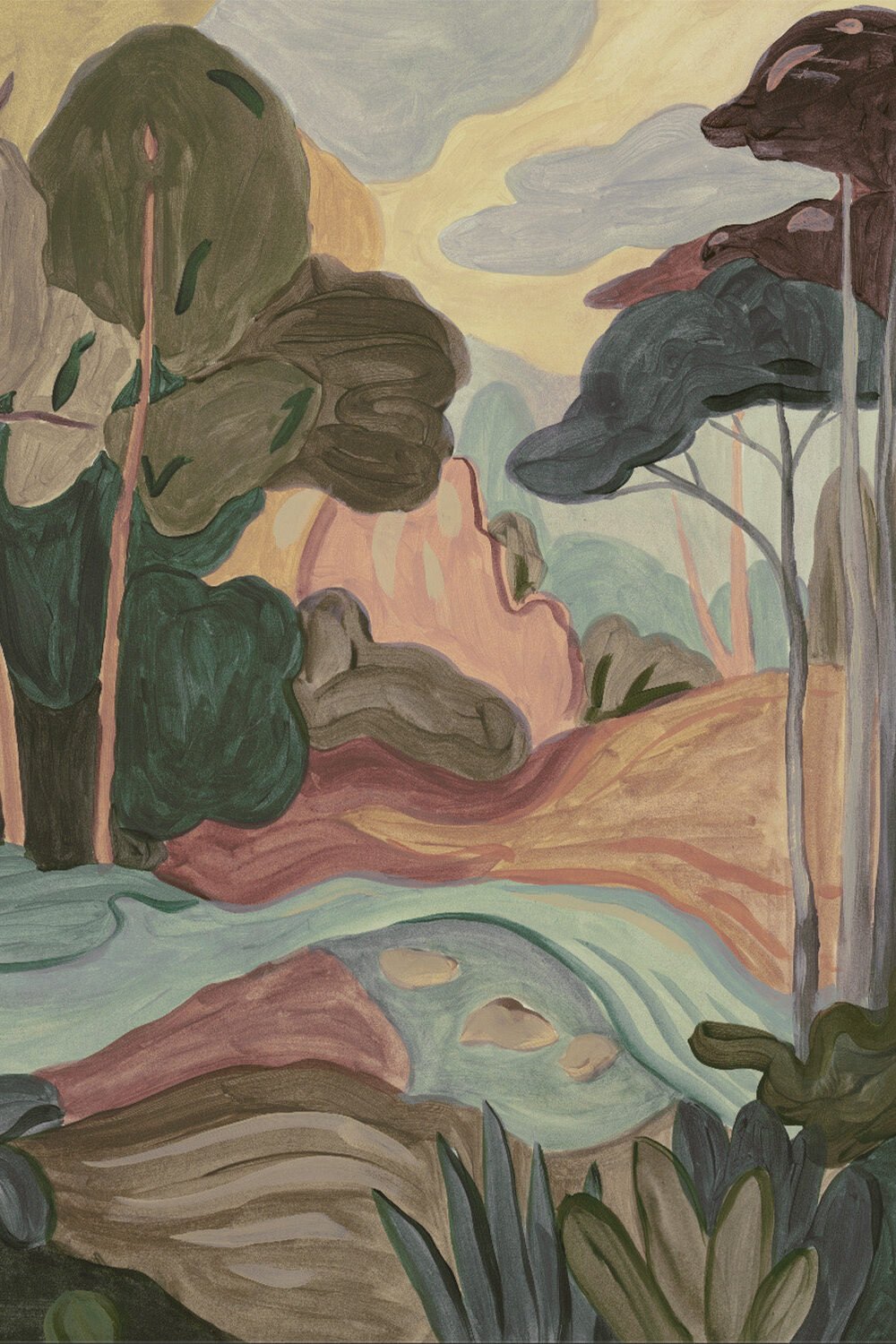 Abstract Trees in Burgundy & Green Painted Mural Wallpaper