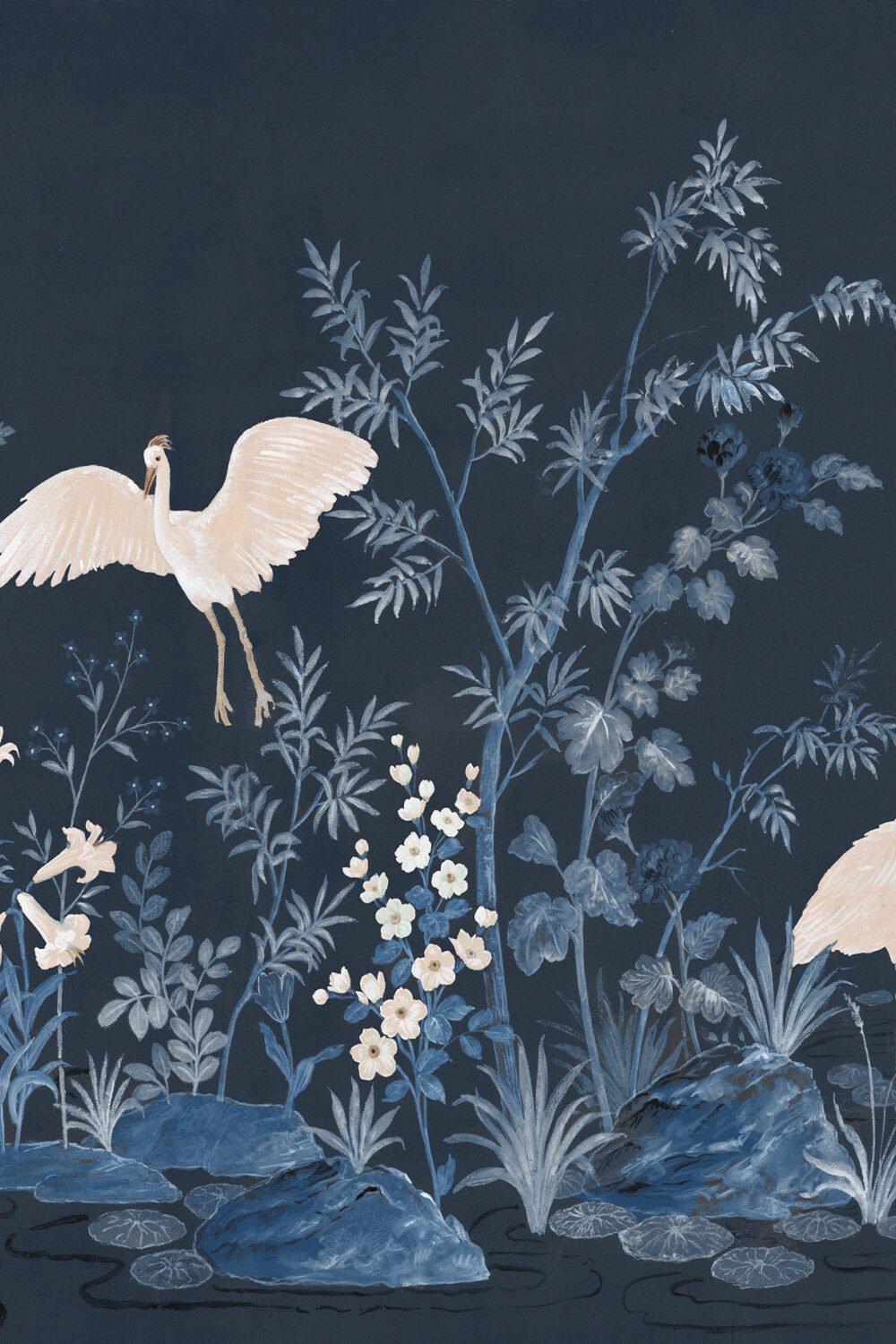 Chinoiserie Garden Panoramic Navy Blue Mural Wallpaper