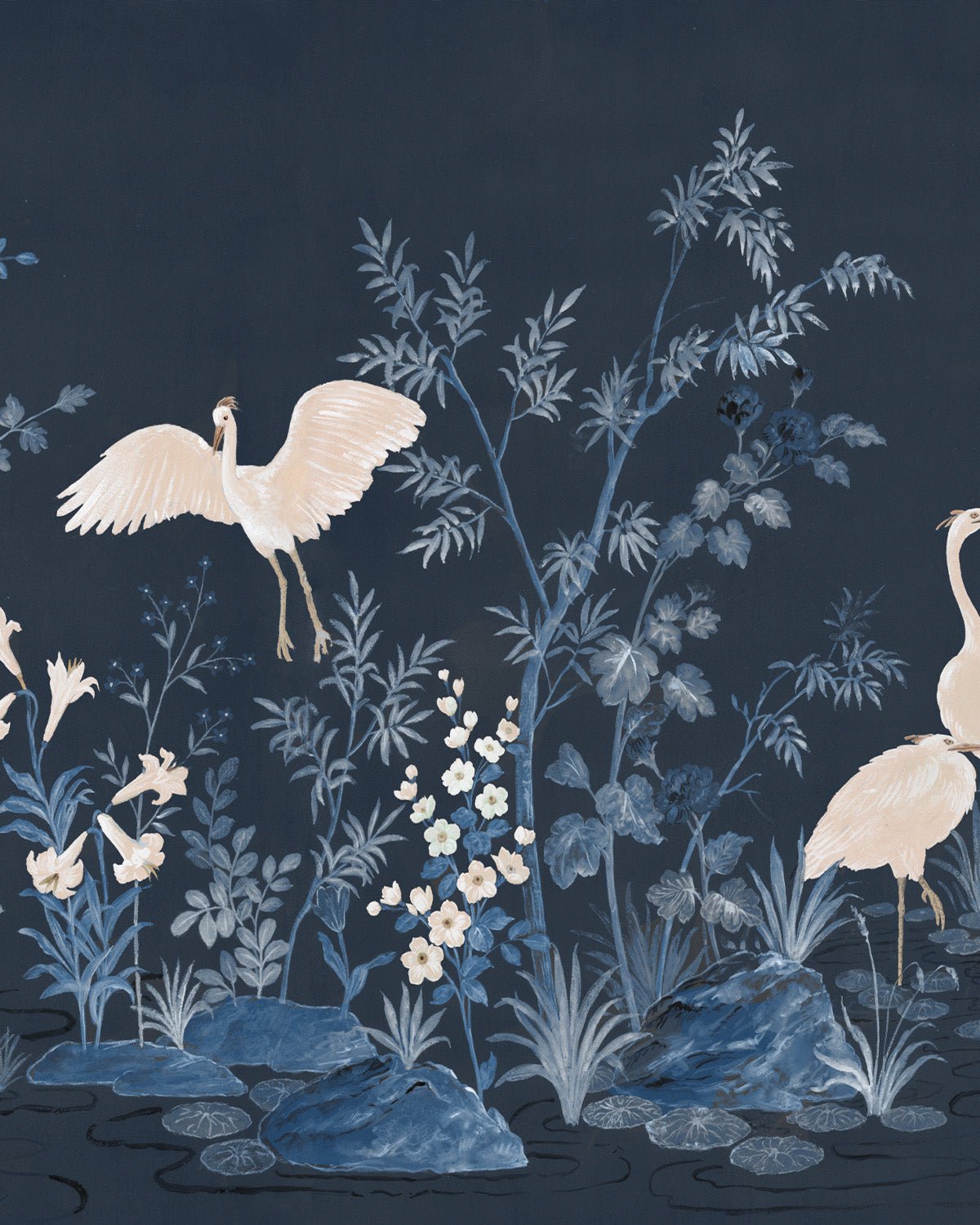 Chinoiserie Garden Panoramic Navy Blue Mural Wallpaper