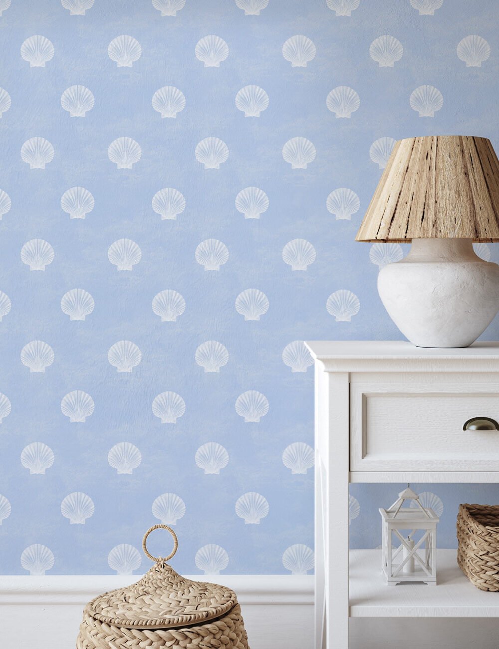 Coastal Shells in White & Light Blue Wallpaper