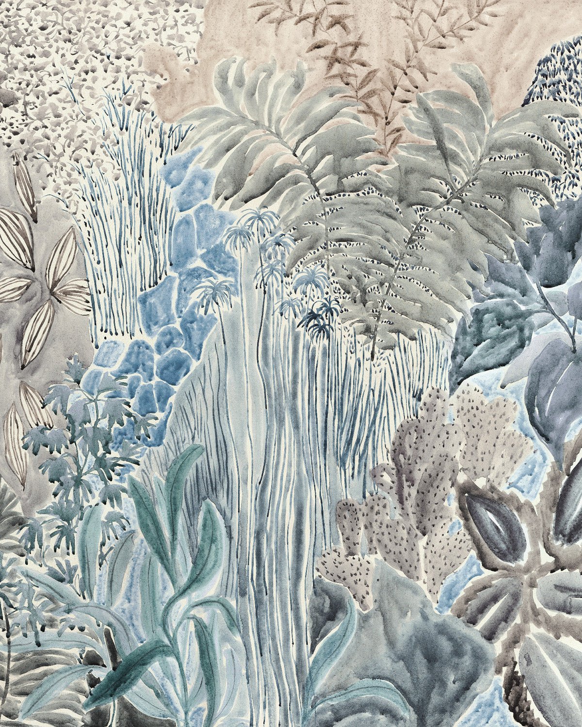 Daintree Botanical Panoramic Mural in Blue Wallpaper