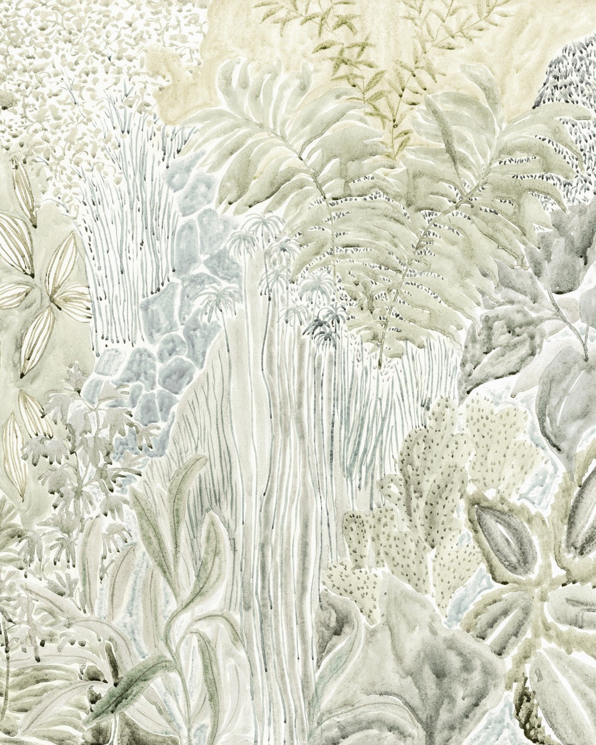 Daintree Botanical Panoramic Mural in Khaki Green Wallpaper