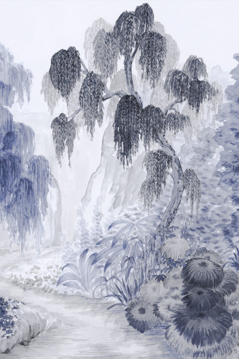 Japandi Garden Panoramic Mural Navy Blue on White Mural Wallpaper