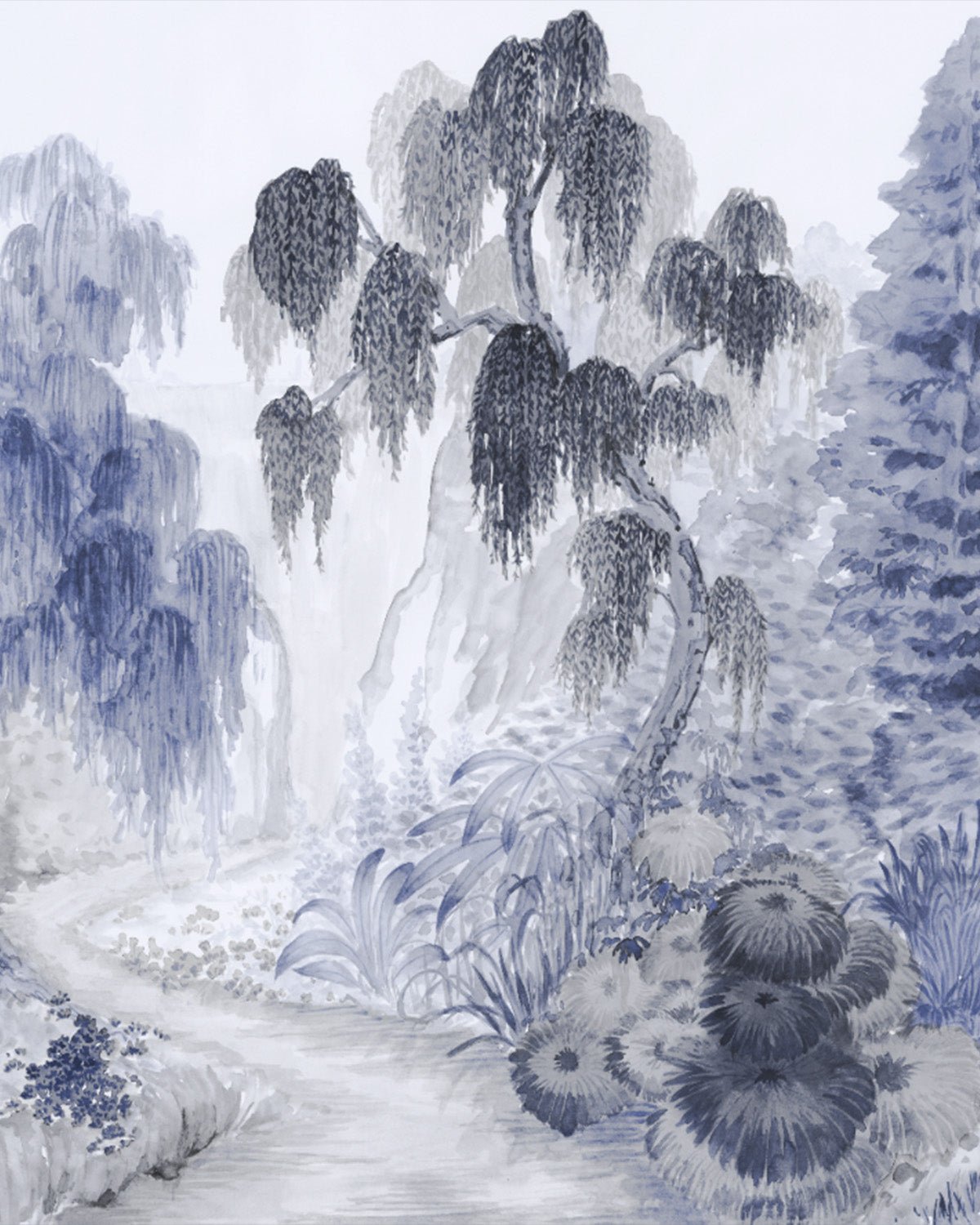 Japandi Garden Panoramic Mural Navy Blue on White Mural Wallpaper