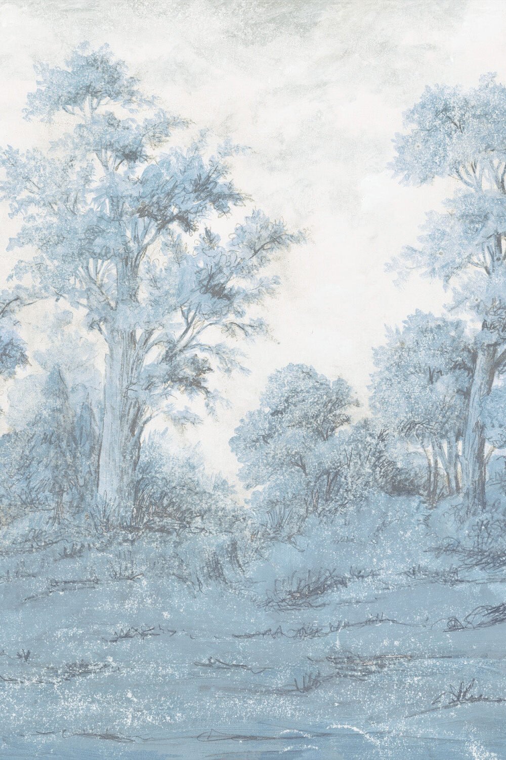 Misty Blue Forest Panoramic Painted Mural Wallpaper