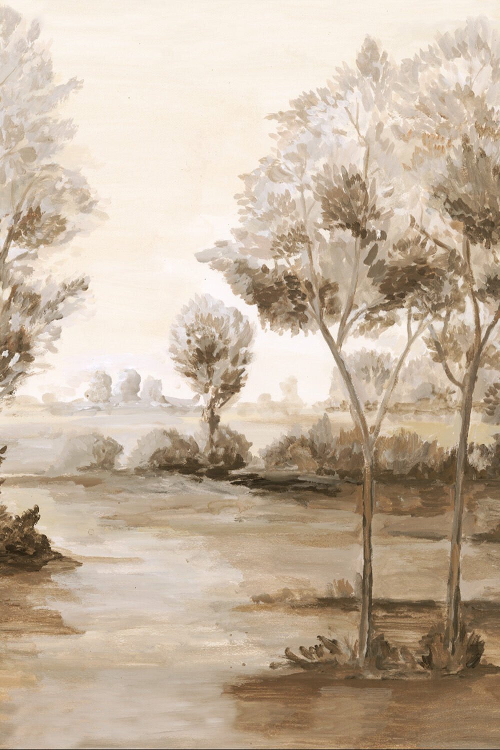 Vintage Woodland Trees in Warm Brown Panoramic Painted Mural Wallpaper