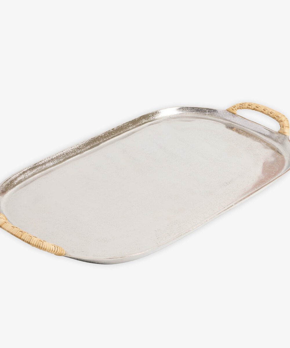 Metal Tray With Rattan Handles